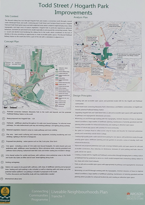 Drop-in event information presentation board: 'Todd Street/Hogarth Park Improvements (1 of 2)'.