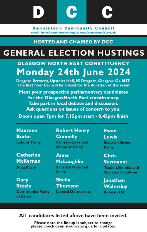 DCC Glasgow North East Hustings 2024 Poster