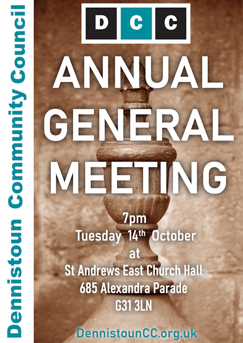Poster of white text over a sepia photo of the Lady Well. Text is DCC Annual General Meeting 7pm Tuesday 14th October at St Andrews East Church Hall, 685 Alexandra Parade, G31 3LN
